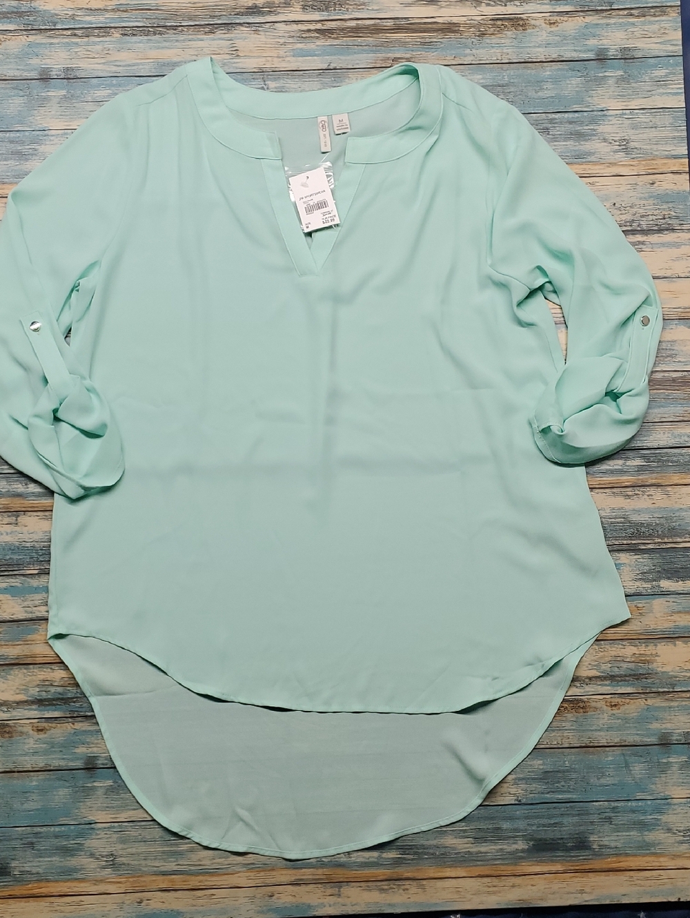 Cato Mint Green Split-Neck Roll-Sleeve Tunic